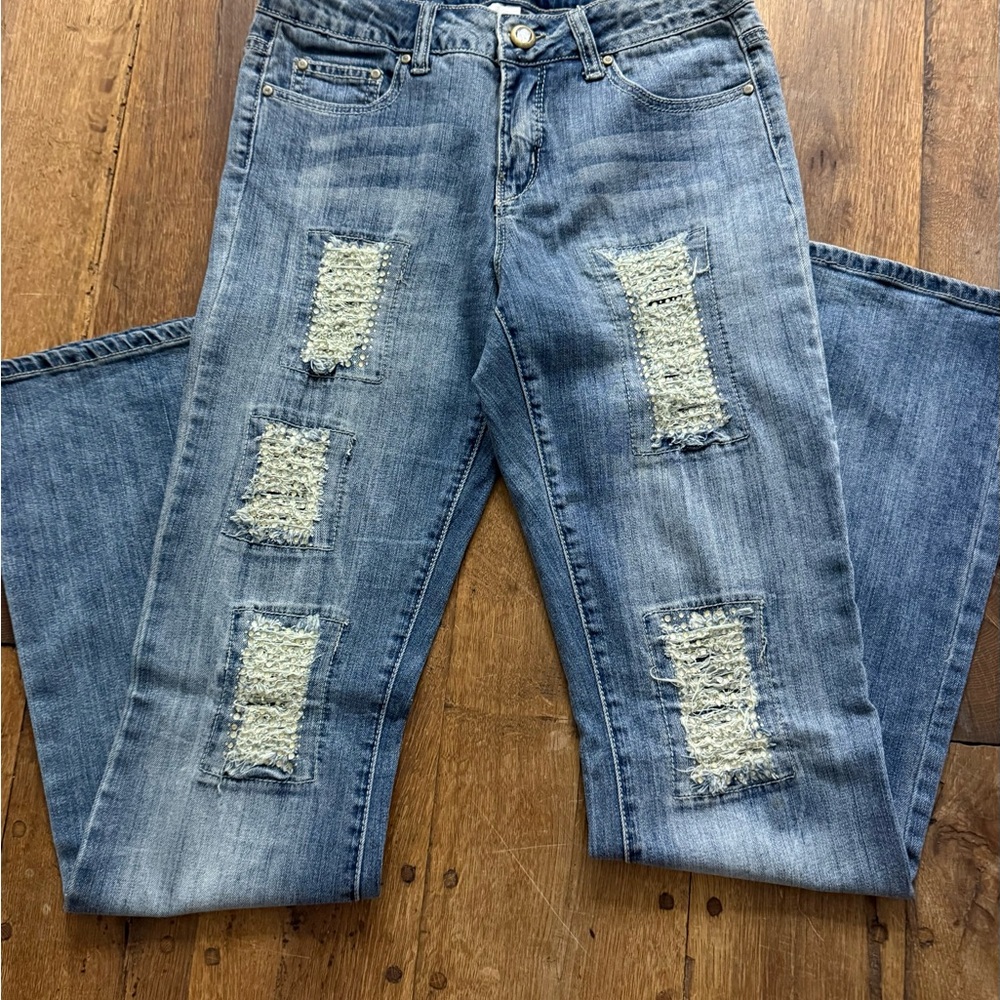 Cache Distressed Boot Cut Rhinestone Jeans- Size 6